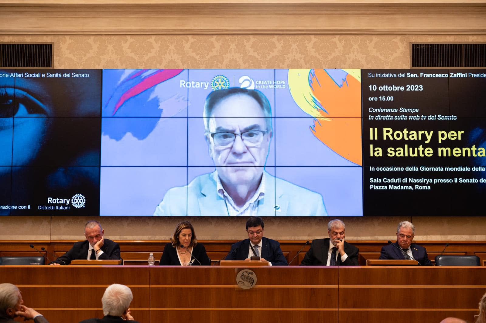 Tavolo dei relatori della conferenza Il Rotary per la salute mentale nella Sala Caduti di Nassiriya del Senato della Repubblica