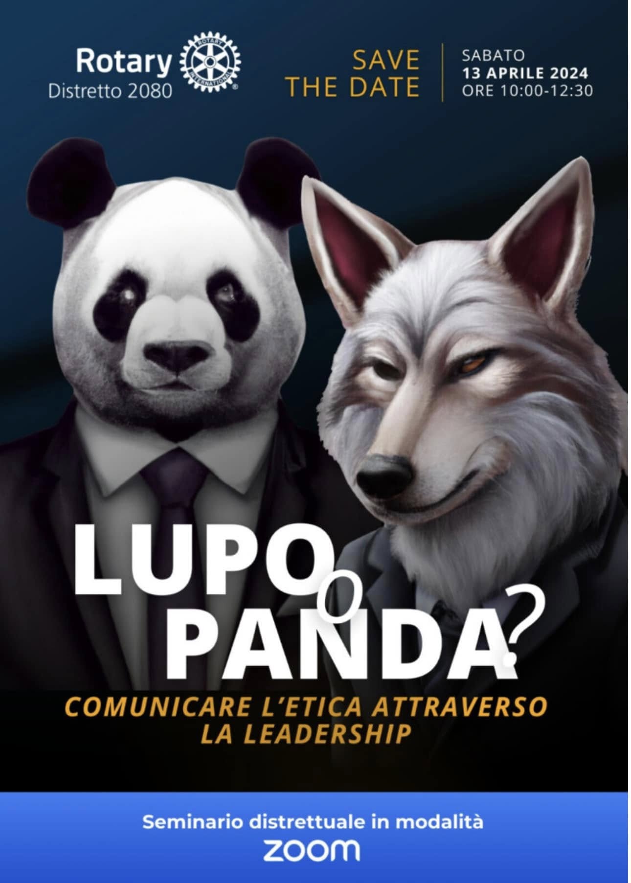 Locandina del seminario distrettuale sulla comunicazione Lupo o Panda? del Distretto 2080